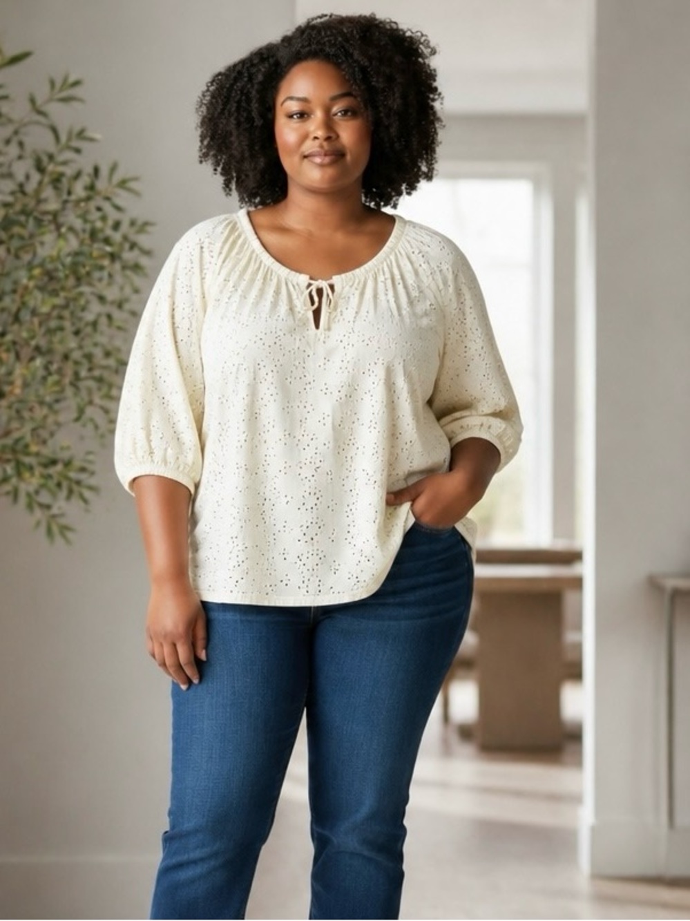 J.Jill Womens 2X Ivory Eyelet Knit Peasant Top 3/4 Sleeve Tie Neck Plus Size
